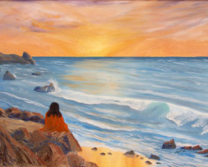 A painting of Yogananda looking at the ocean