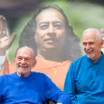 Nayaswami Jyotish, Swami Kriyananda, and Paramhansa Yogananda in blessing.