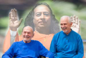 Nayaswami Jyotish, Swami Kriyananda, and Paramhansa Yogananda in blessing.