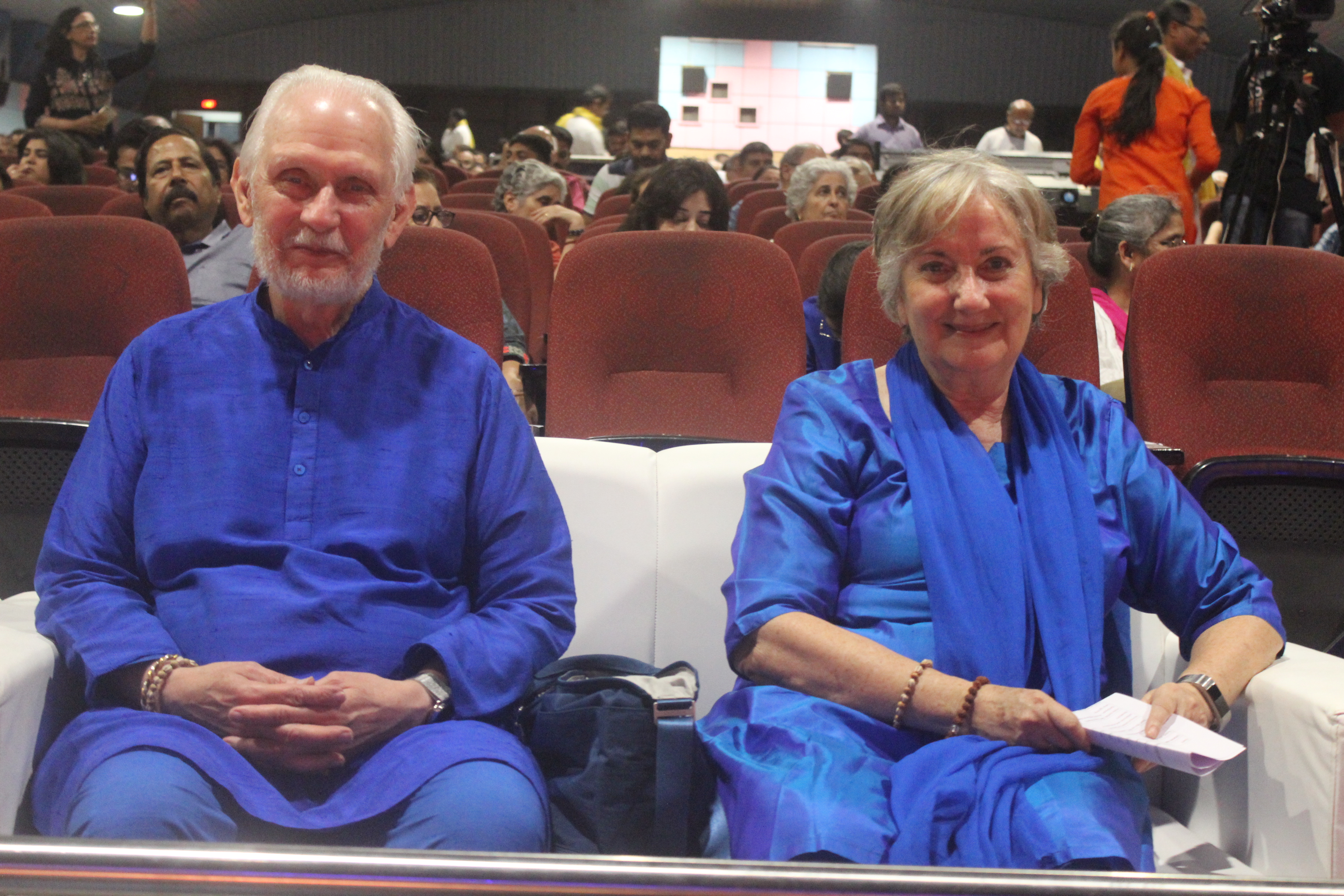 Nayaswamis Jyotish and Devi watch Indian classical musicians at a fundraising event for Yogananda Trust.