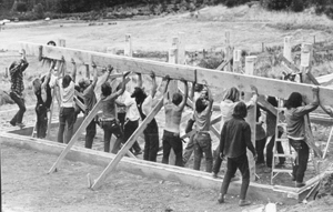 Harvest Davy 1972--group raising beam at a construction site