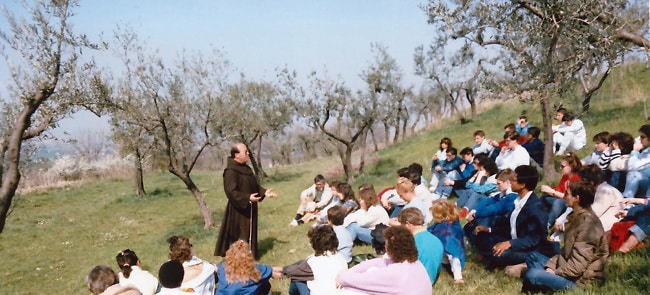 A Franciscan sharing stories of St. Francis & St. Claire with Ananda group in Assisi at San Damiano 