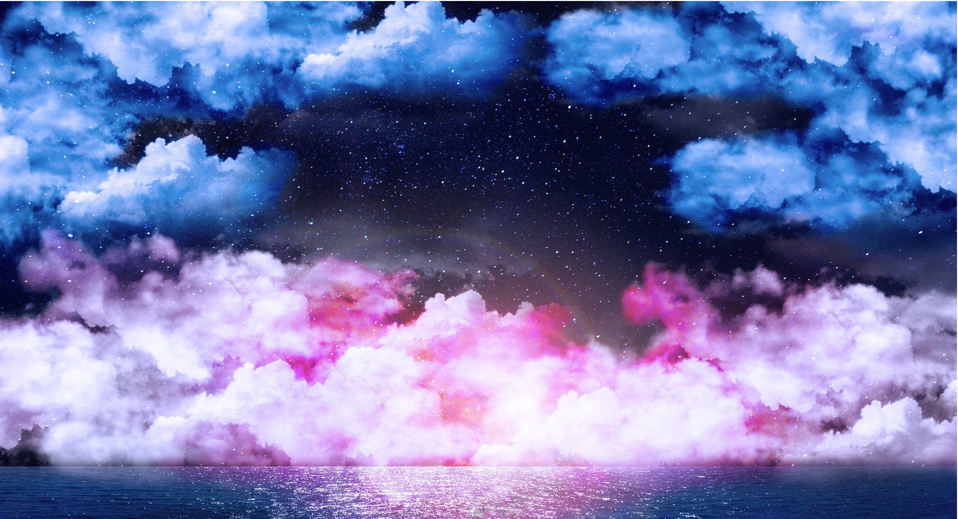 pink clouds on endless water reaching up to the starry sky