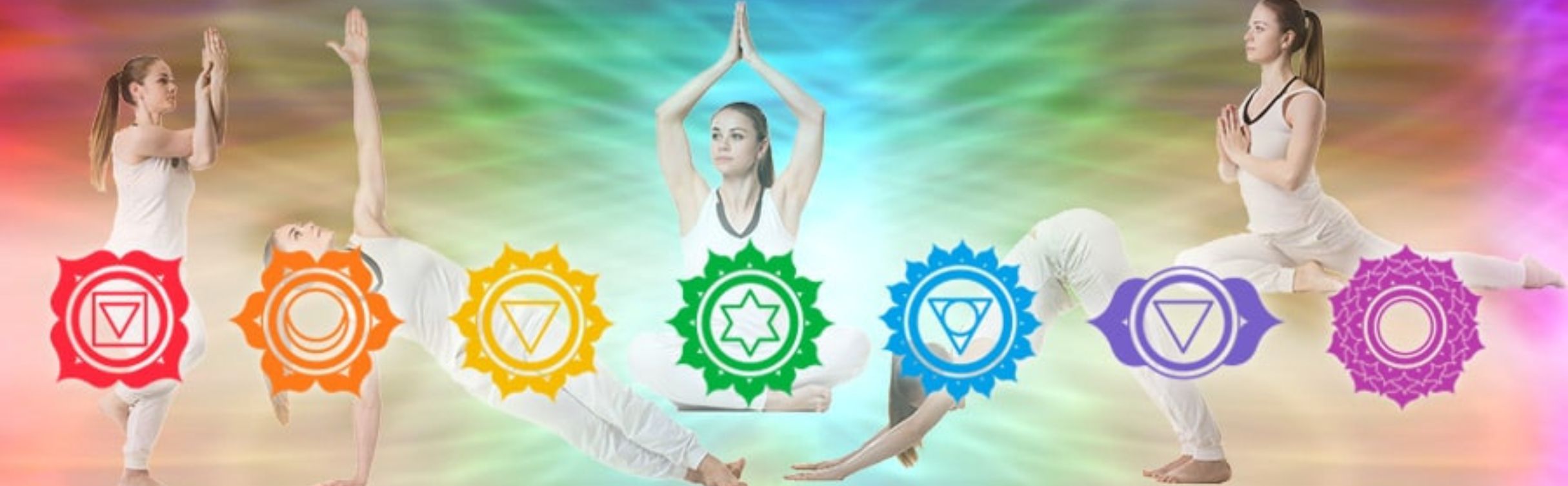 Woman practicing yoga, and picture of each chakra in overlay.