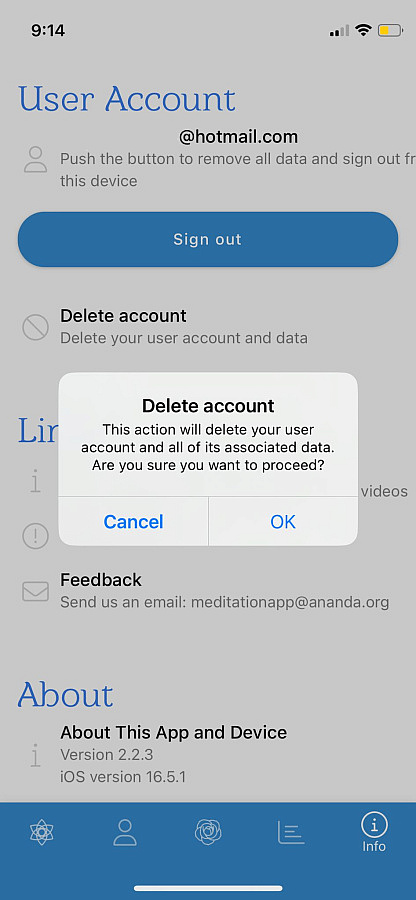 Screenshot of delete account pop up on Ananda Meditation app