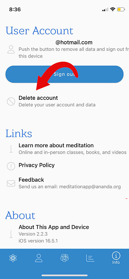 Screenshot of account information page on Ananda Meditation app