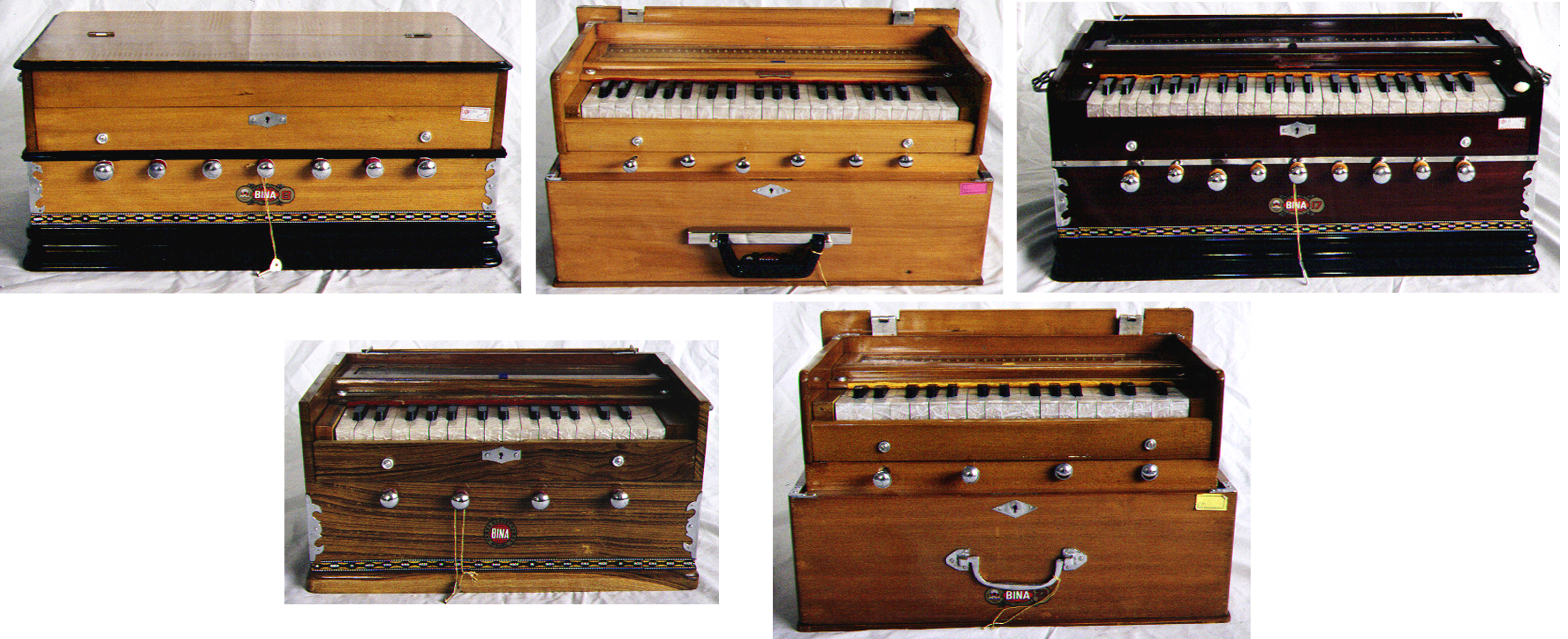 A selection of different Bina harmoniums, including standard and collapsible models.